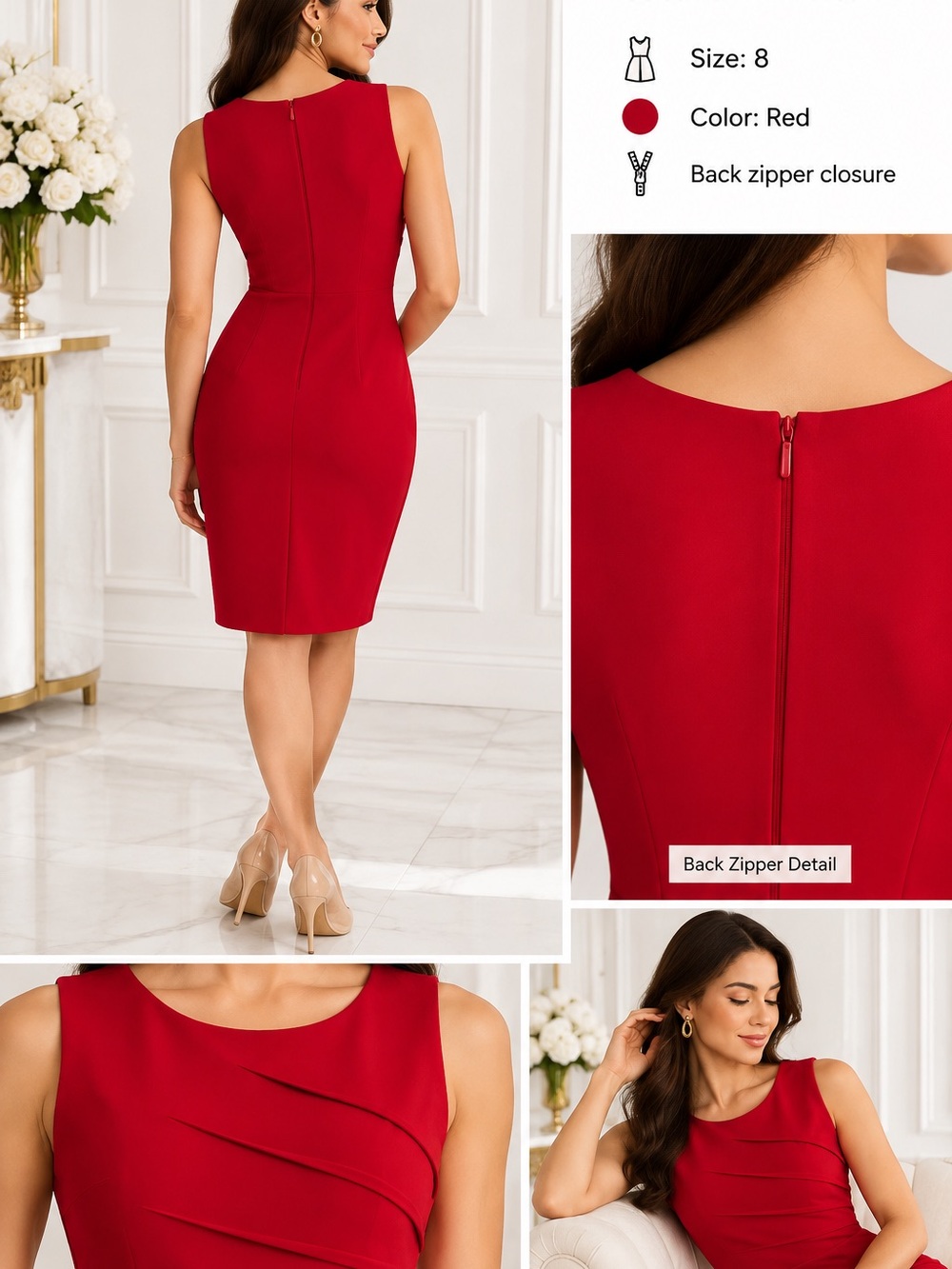 Calvin Klein Size 8 Red Layered Pleat Sheath Dress Sleeveless Career Cocktail - Picture 4 of 6